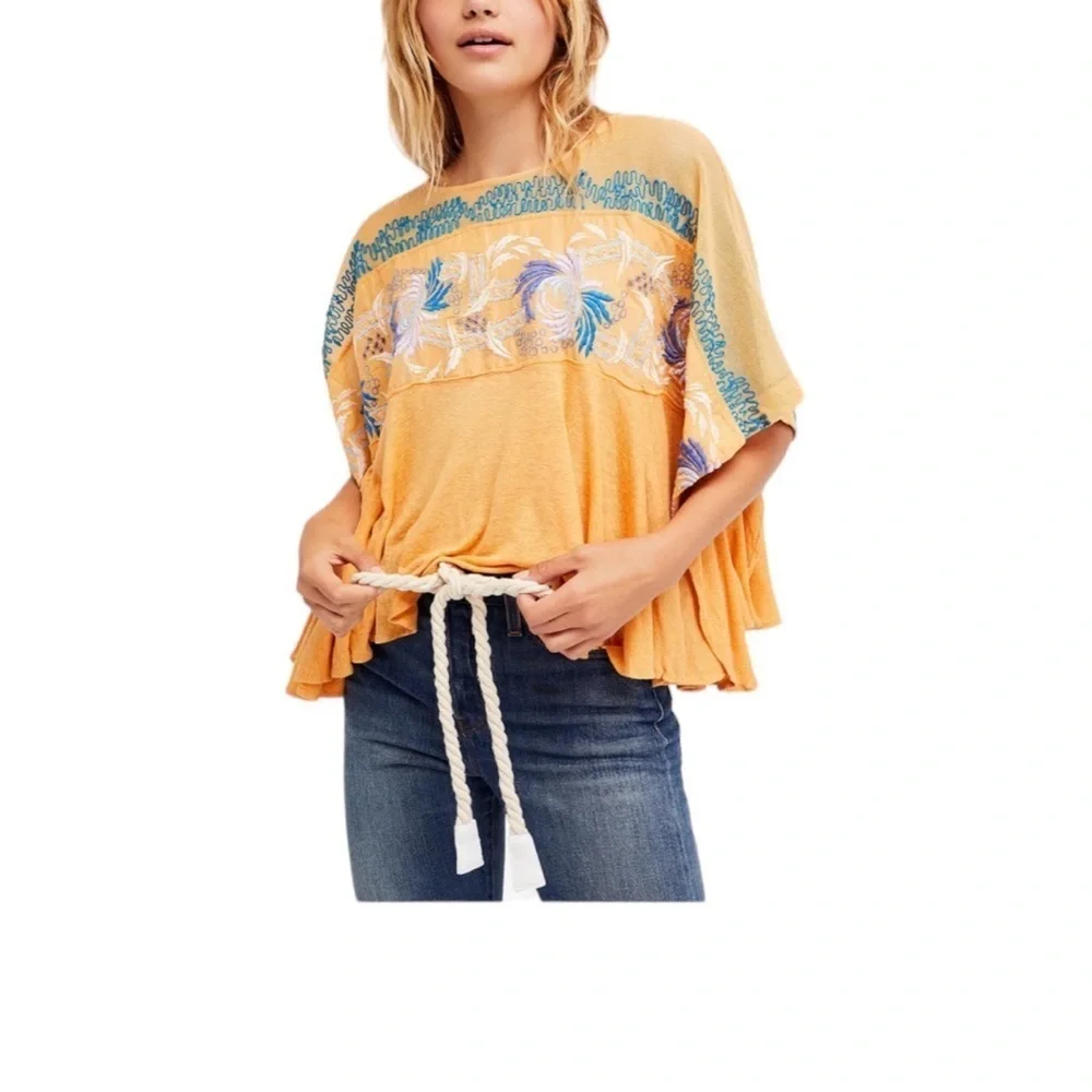 FREE PEOPLE Love Letter Embroidered Poncho Tee in Tangerine Yellow Size S — FUN! - Picture 3 of 12